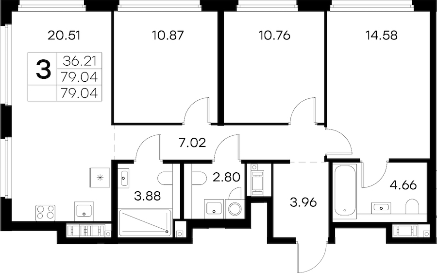 3-комнатная квартира 79.04 м², 12/18 эт., ЖК «Glorax City Василеостровский»